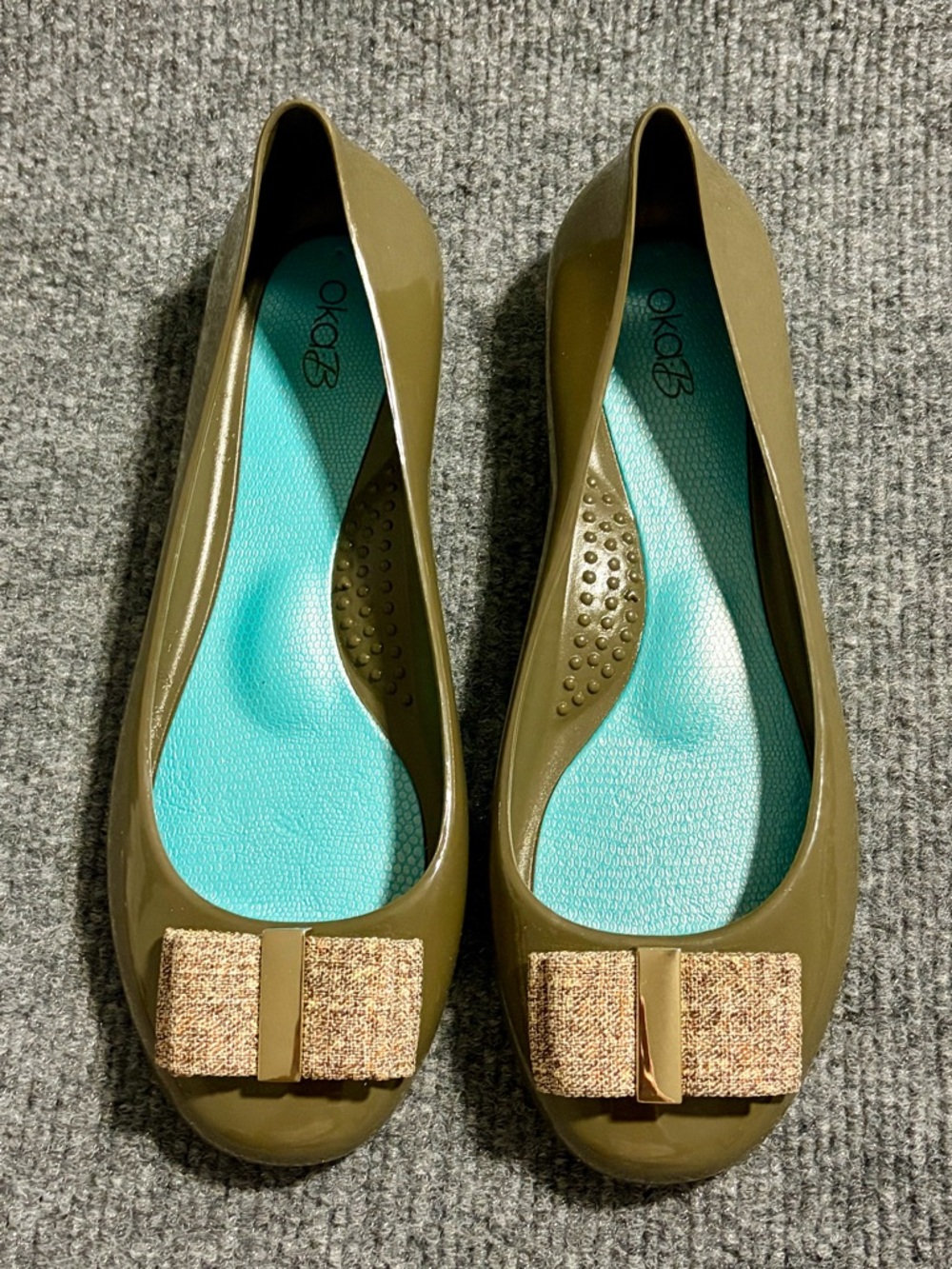 Oka B Ballet Flats Womens 7 Olive Green Jelly Slip On Bow Made USA